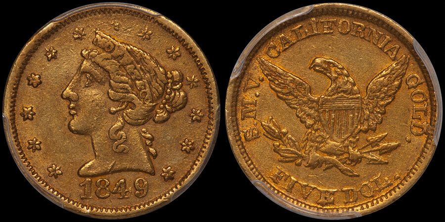 Pioneer Gold - 1849 MOFFAT $5.00, PCGS AU55 CAC. Doug Winter