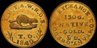 1849 OREGON "BEAVER" $5.00 GOLD COIN GRADED PCGS MS62, IMAGE COURTESY OF PCGS, DOUG WINTER