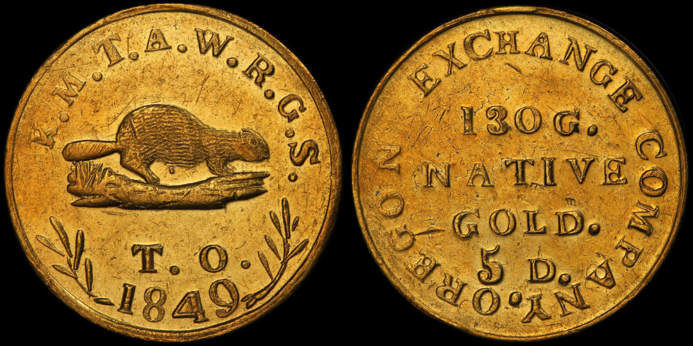 1849 OREGON "BEAVER" $5.00 GOLD COIN GRADED PCGS MS62, IMAGE COURTESY OF PCGS, DOUG WINTER