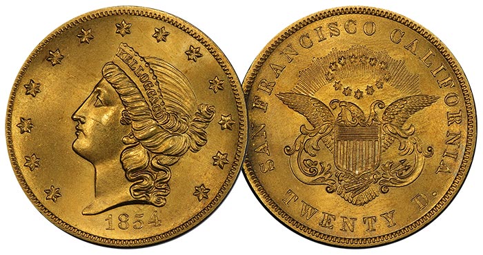 1854 Kellog $20 Gold Coin. Image: PCGS.