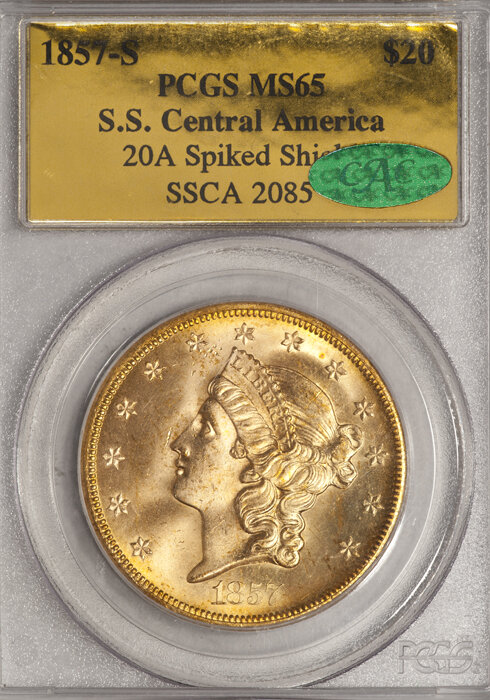 1857-S $20 Double Eagle, SS Central America gold foil PCGS label. Image courtesy Doug Winter Numismatics