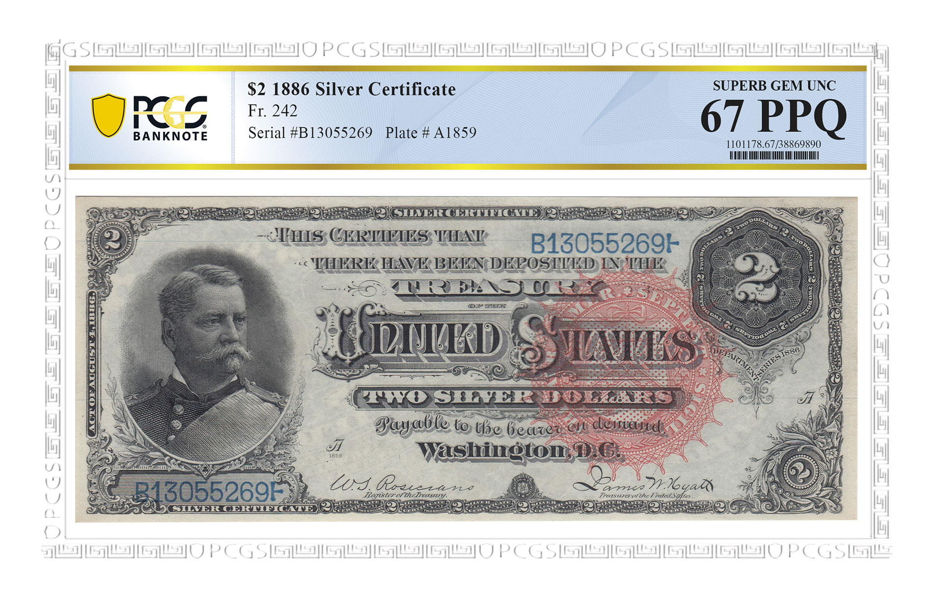 Obverse of Series of 1886 $2 Silver Certificate. Superb Gem UNC 67 PPQ. Image courtesy PCGS
