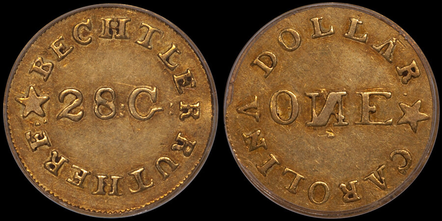 Pioneer Gold - C. BECHTLER $1.00; N REVERSED, PCGS AU55 CAC GOLD STICKER. Images courtesy Douglas Winter Numismatics (DWN)
