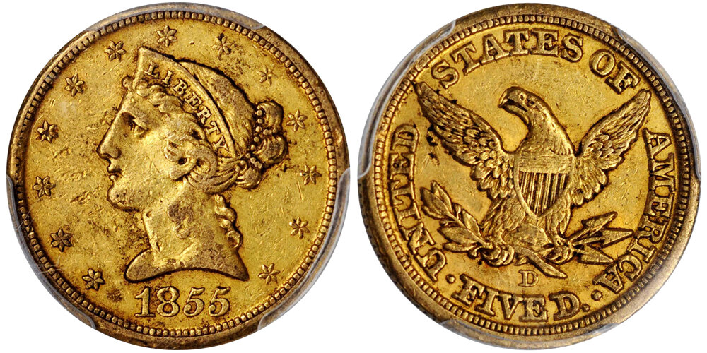 1855-D $5 PCGS EF40; Lot 1400 courtesy of Stack's Bowers. Liberty Head Half Eagle.