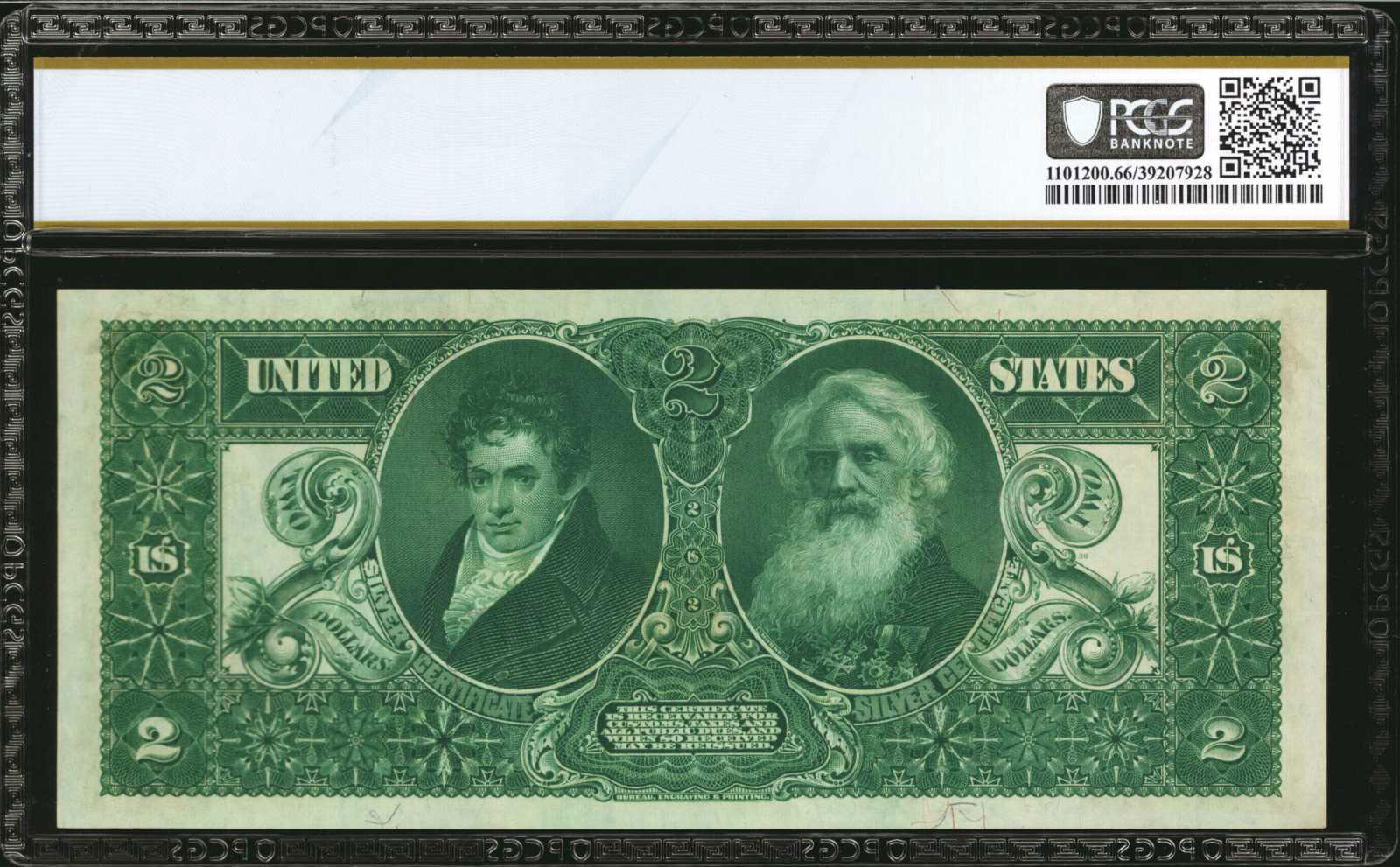 Back of Series of 1896 $2 Silver Certificate graded GEM UNC 66 PPQ by PCGS Banknote, Image courtesy of Stack’s Bowers Galleries