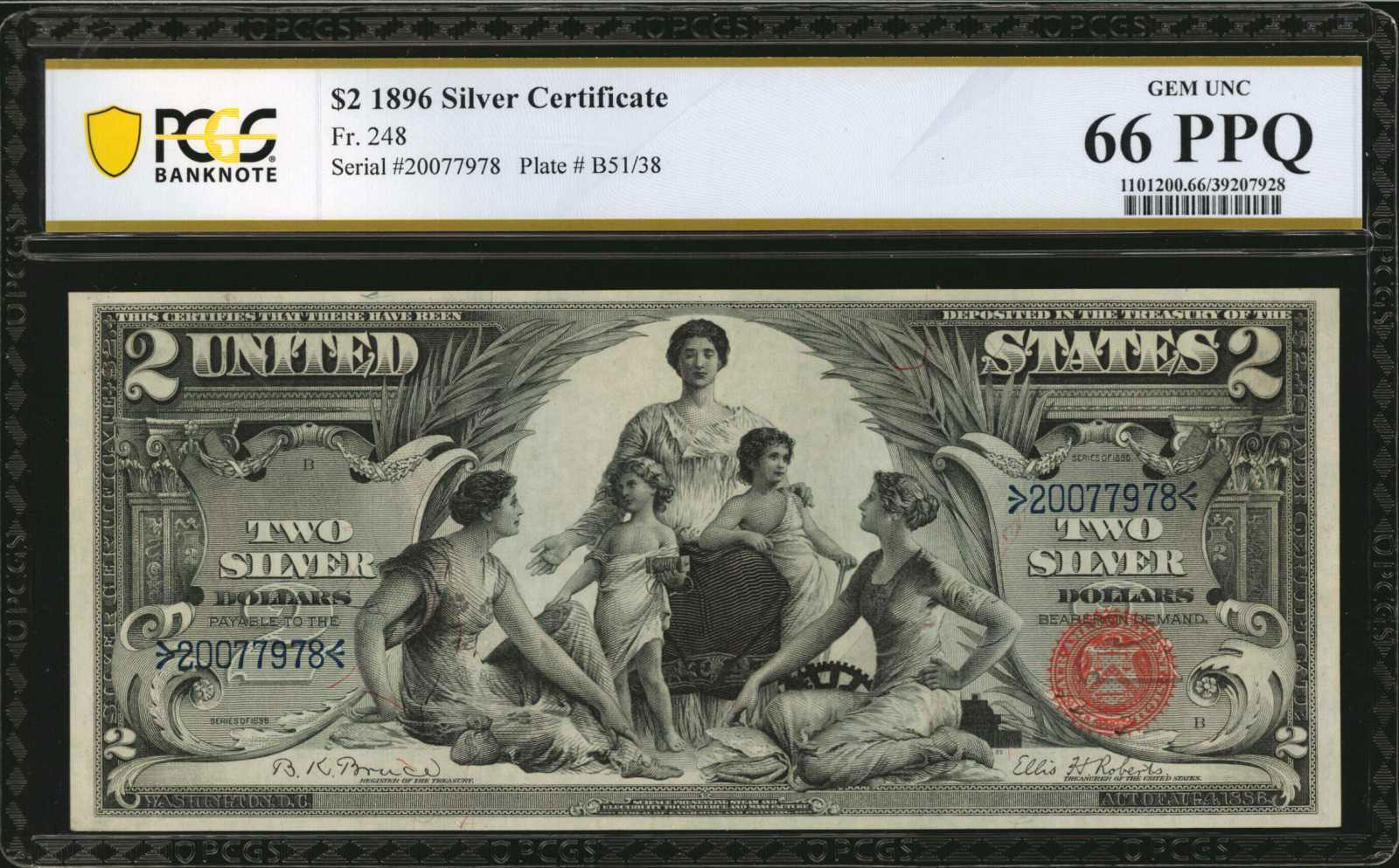 Face of Series of 1896 $2 Silver Certificate graded GEM UNC 66 PPQ by PCGS Banknote, Image courtesy of Stack’s Bowers Galleries