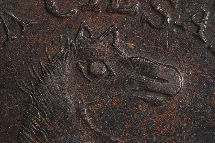 Close up of well-defined horse ears (1787 NJersy PCGS AU55) - Engraver Walter Mould Leaves His Mark