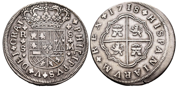 Philip V (1700-1746). 8 reales. 1718. Sevilla. M. (Cal-1617).