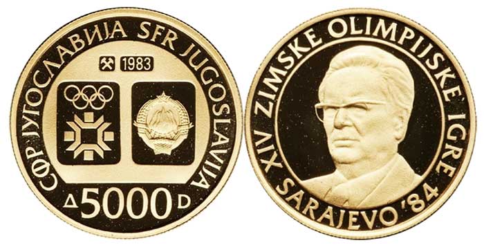 Figure 7. 1983 Yugoslavia 5000 Dinar Olympic coins. Image: Heritage Auctions.