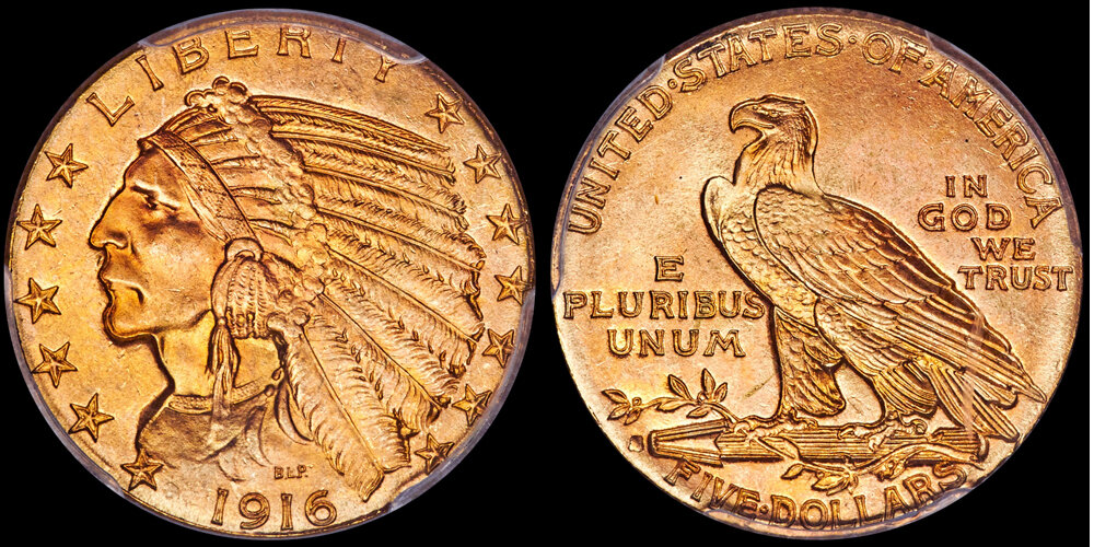 1916-S $5.00 PCGS MS66+ CAC. Images courtesy Heritage Auctions