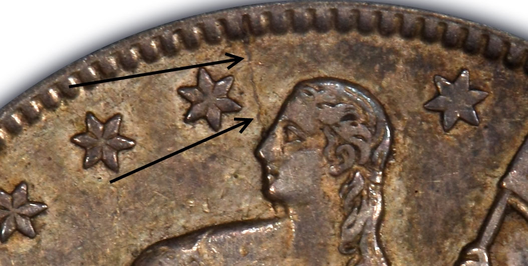 All 1861-O Liberty Seated Half Dollars with this prominent crack were struck during the CSA occupation of the Mint - Courtesy PCGS TrueView