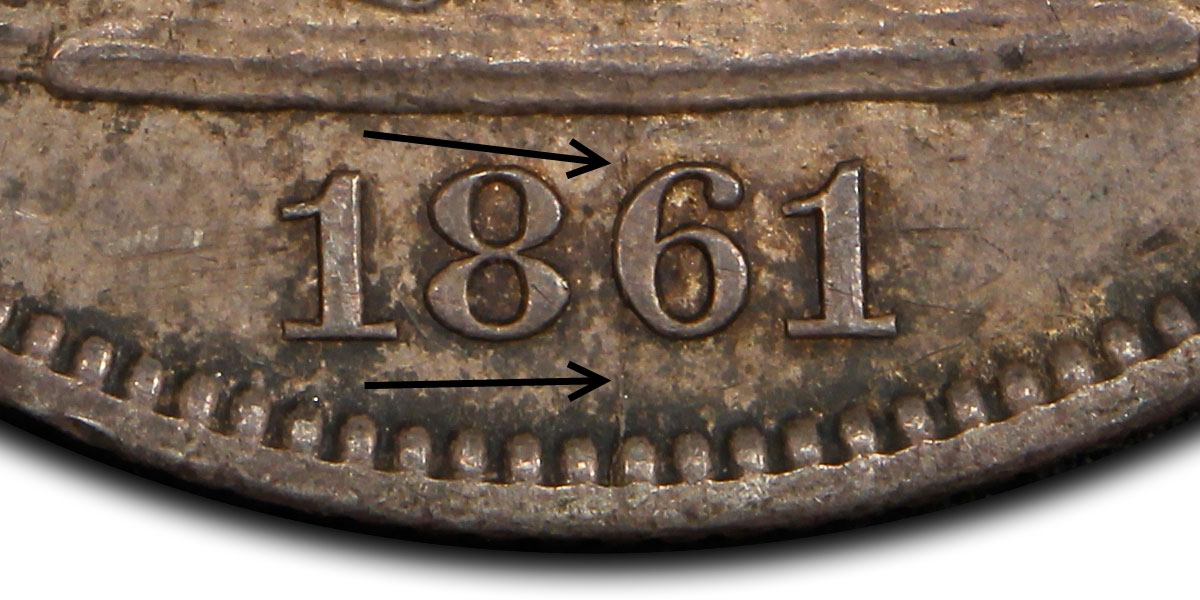 Bisected Date 1861-O Liberty Seated Half Dollar. Note the die crack separating the date. Courtesy of PCGS TrueView