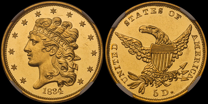 1834 $5.00 Classic Head half eagle NGC PR63 CAM. Images courtesy Doug Winter