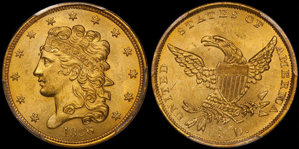 1836 $5.00 Classic Head half eagle PCGS MS64+. Images courtesy Douglas Winter Numismatics (DWN)