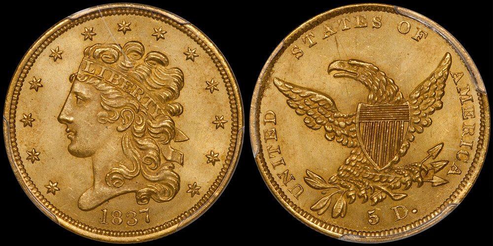 1837 $5.00 Classic Head half eagle PCGS MS64. Images courtesy Doug Winter