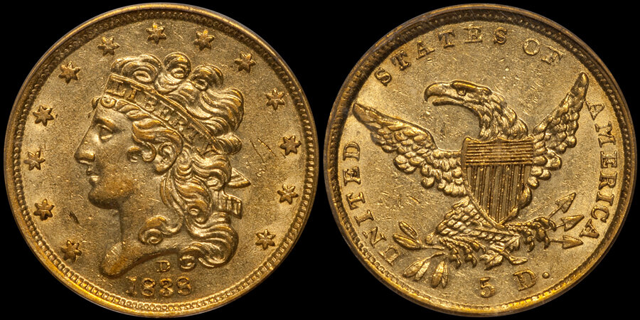 1838-D $5.00 PCGS AU58 CAC, EX BASS. Images courtesy Douglas Winter Numismatics (DWN)
