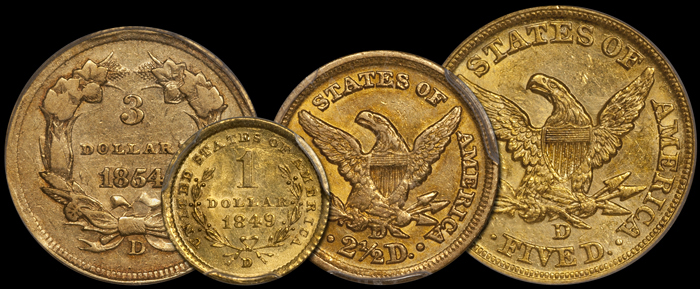 Four-coin type set of Dahlonega gold US coins. Image courtesy Doug Winter