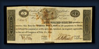 fully signed, issued, and uncancelled Act of February 24, 1815, $3 note featured in the Heritage sale of the Mike Coltrane Collection