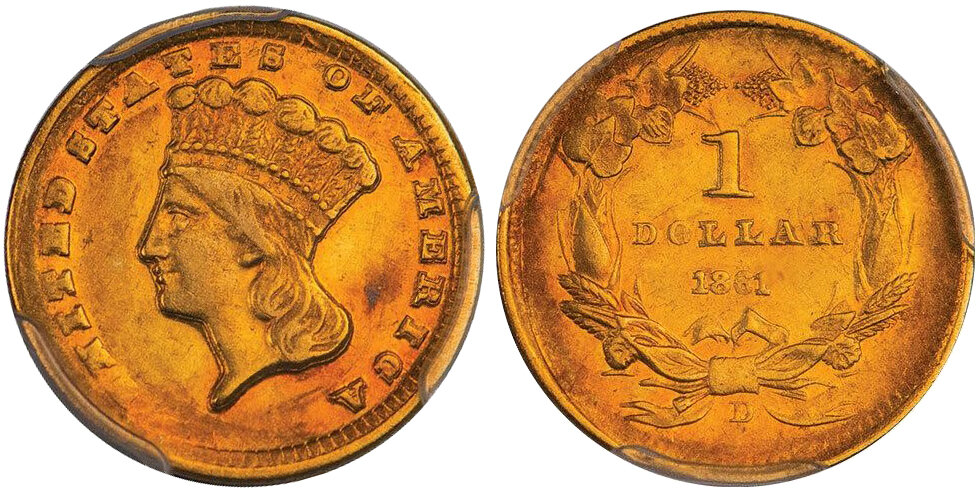 1861-D $1.00 PCGS AU58, Big Mo Collection. Images courtesy Douglas Winter Numismatics (DWN)
