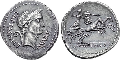 AR Denarius.  Obverse: Wreathed head of Julius Caesar right, lituus behind.   CAESAR • DICT QVART.