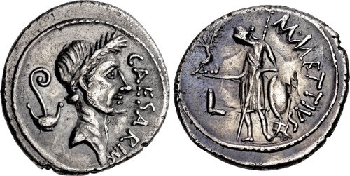 AR Denarius.  Obverse: Wreathed head of Julius Caesar right, lituus and  simpulum behind.
