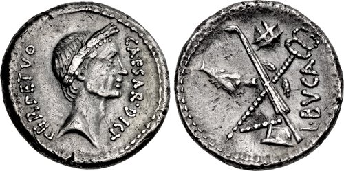 AR Denarius.  Obverse: Wreathed head of Caesar right.