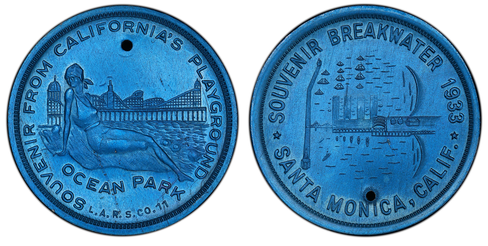 1933 SC $1 KM-687a Blue Anodized Aluminum Santa Monica Breakwater, PCGS MS63. Images courtesy PCGS