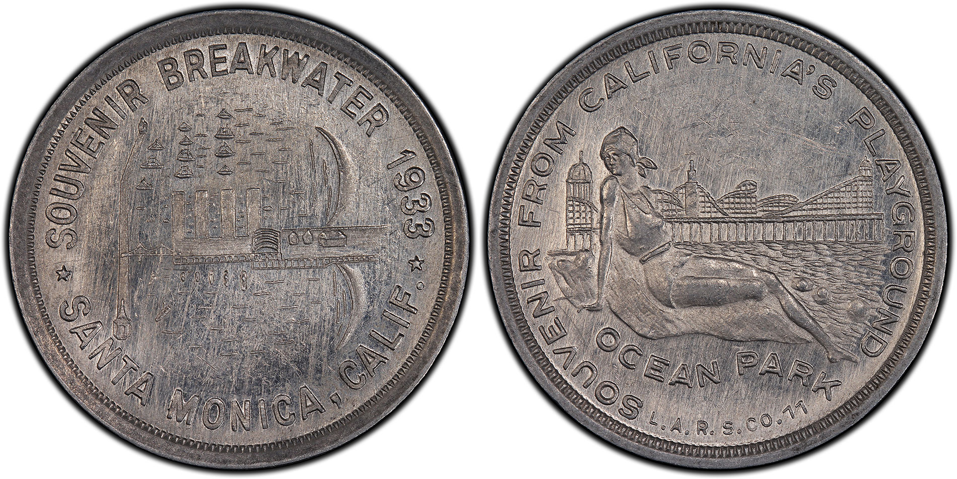 1933 SC$1 HK-687 Aluminum Santa Monica Breakwater. PCGS MS62. Images courtesy PCGS