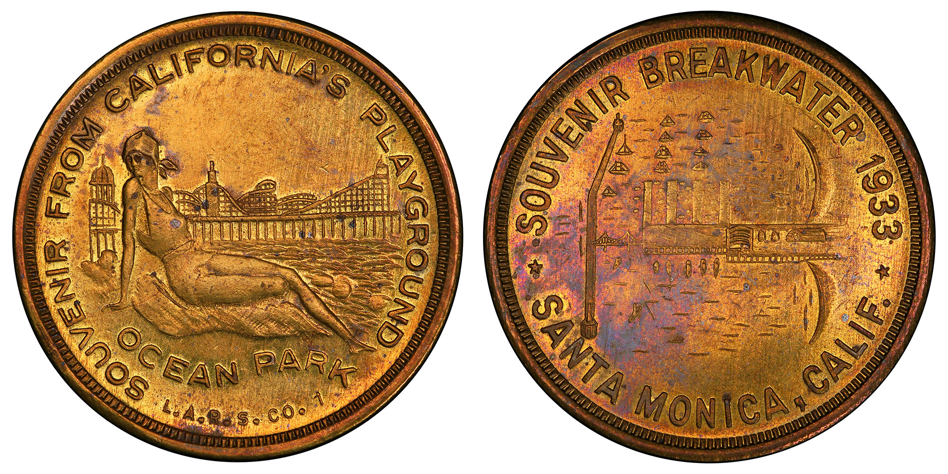 1933 SC $1 KM-683 Brass Santa Monica Breakwater. Images courtesy PCGS