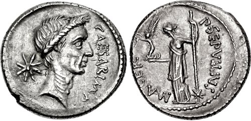 AR Denarius.  Obverse: Wreathed head of Julius Caesar right, star with eight  rays behind. 