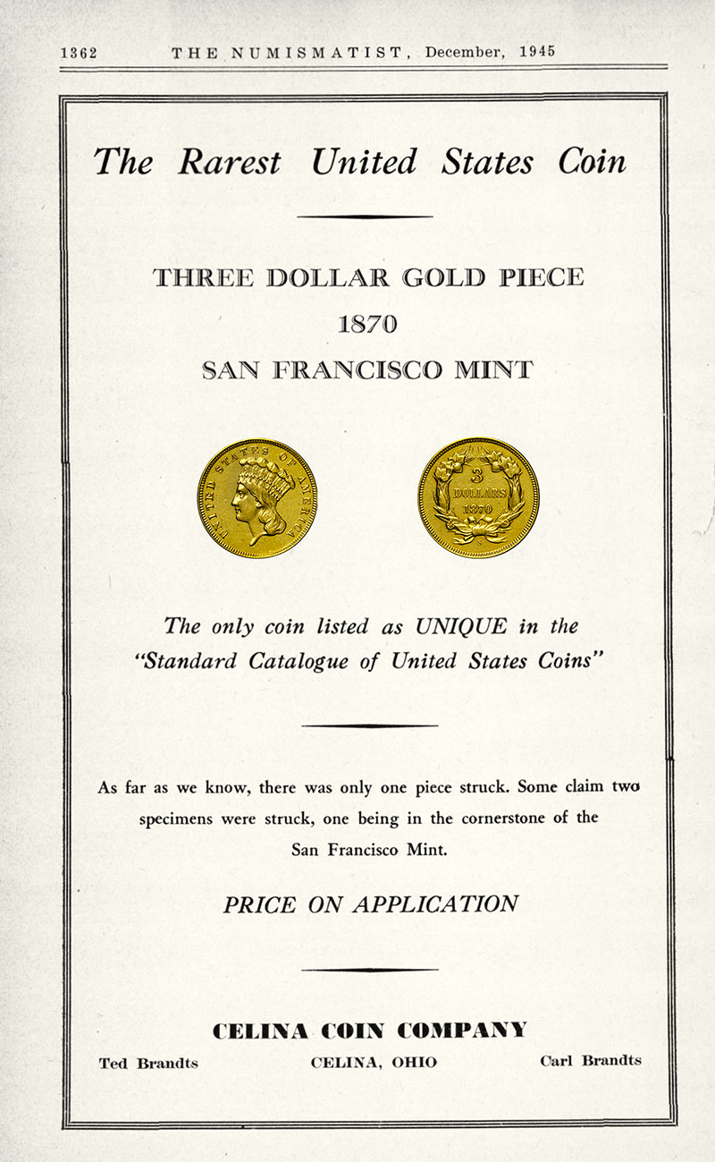 United States 1870-S $3 Gold Coin