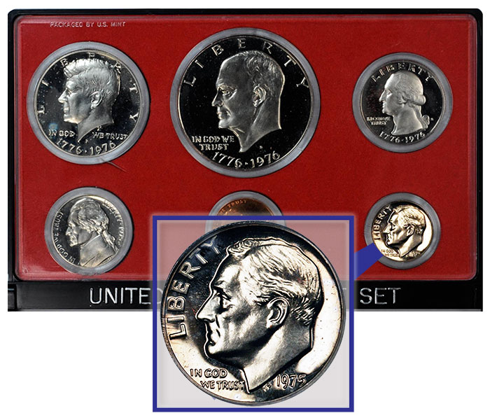 A rare 1975 "No S" Roosevelt Dime in its original government packaging.