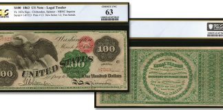 Choice Unc. Spread Eagle 1863 $100 Legal Tender Note From Karelian Collection. Images courtesy Stack's Bowers Auctions