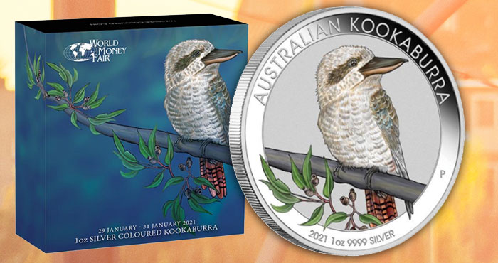Perth Mint Coin Profiles - World Money Fair Australian Kookaburra 2021 1oz Silver Colored Coin