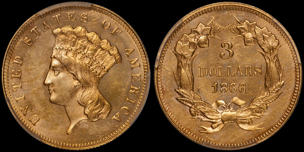 1866 Three Dollar Gold PCGS MS63. Images Doug Winter