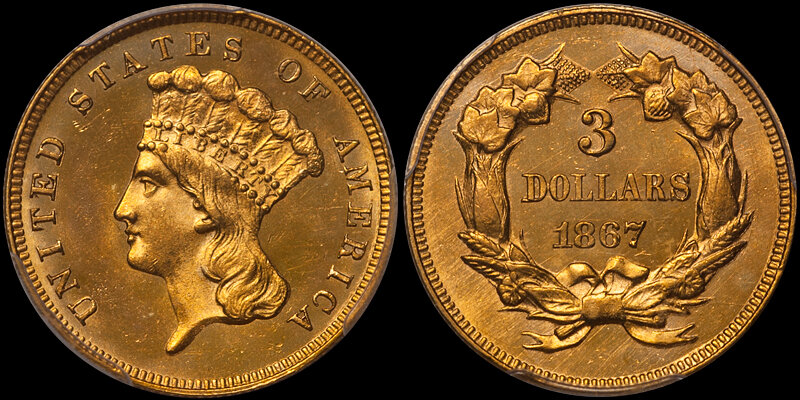 1867 Three Dollar Gold PCGS MS64. Images Doug Winter