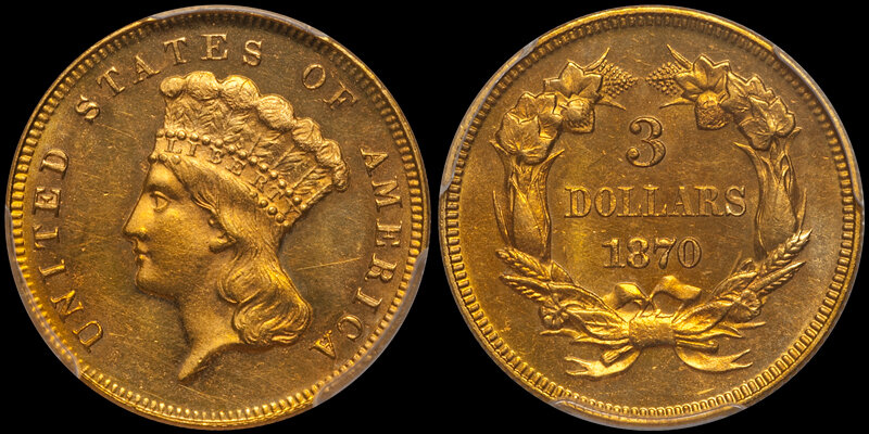 1870 Three Dollar Gold PCGS MS63+ CAC. Images courtesy Douglas Winter Numismatics (DWN)