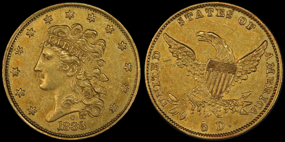 HM-2 1838-C Classic Head half eagle $5 gold coin PCGS AU55 CAC. Image courtesy PCGS, Doug Winter