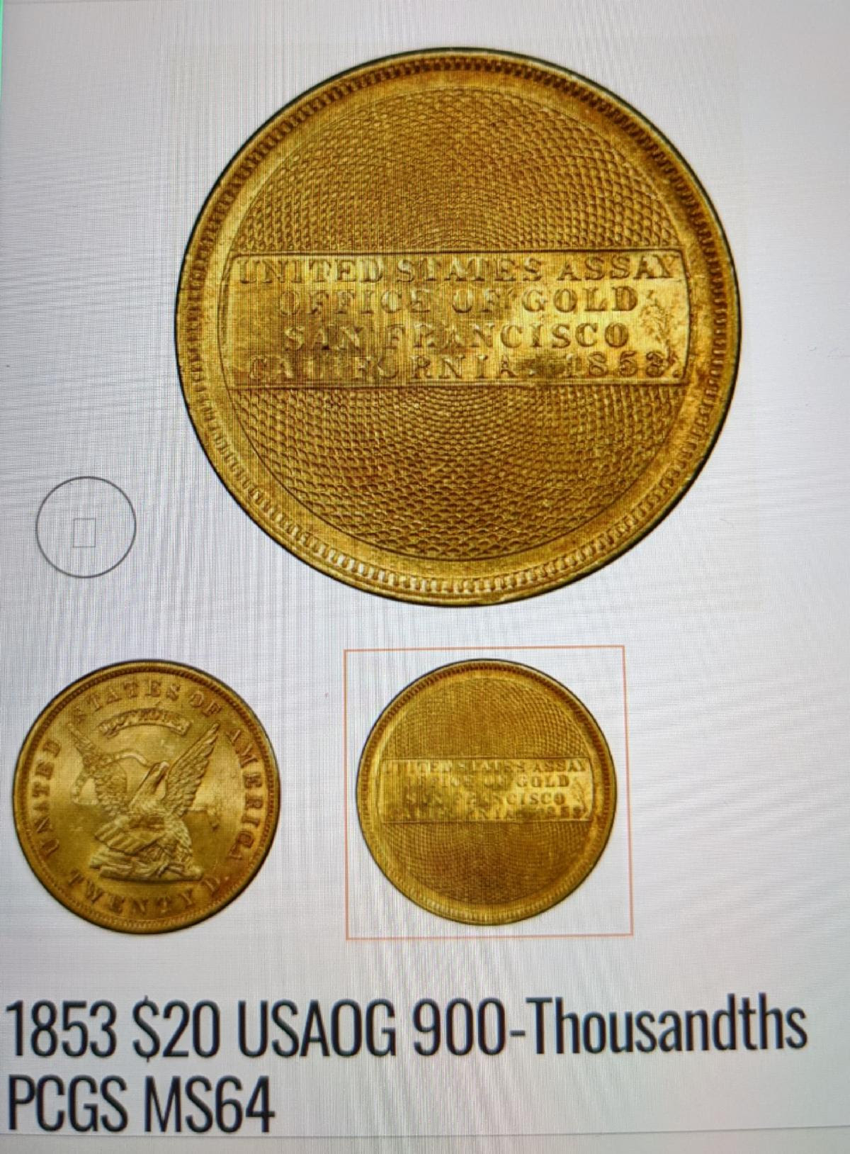1853 $20 USAOG 900-Thousandths PCGS MS64 107684435. Image courtesy Numismatic Crime Information Center (NCIC), Doug Davis