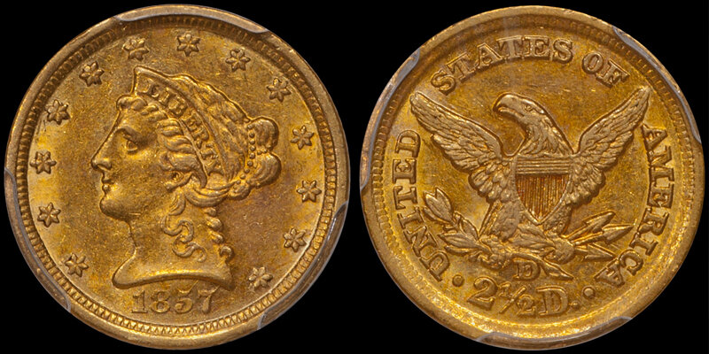 1857-D $2.50 PCGS AU58 CAC. Dahlonega quarter eagles - Images courtesy Doug Winter