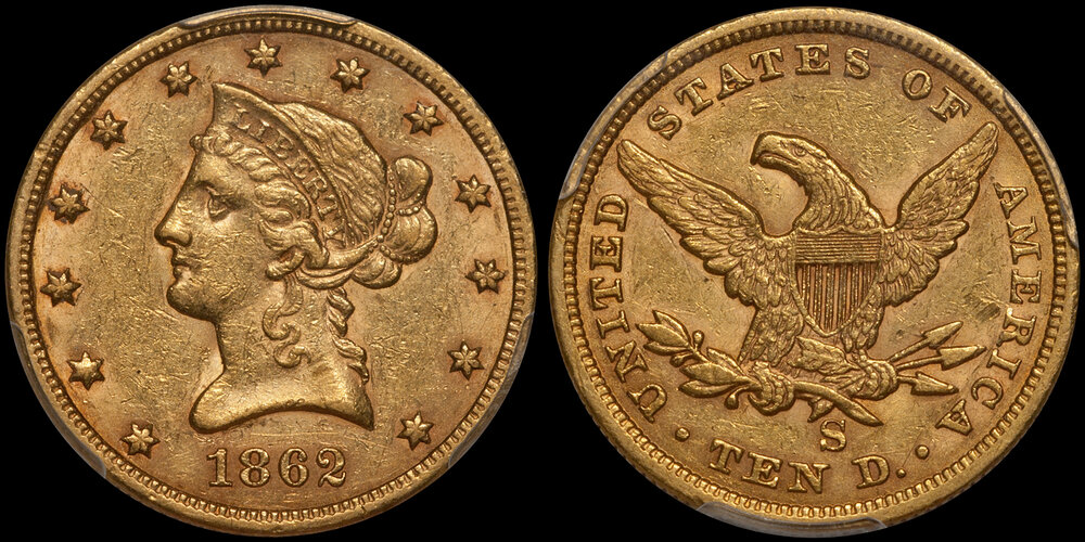 1862-S $10.00 PCGS AU55 CAC. Images courtesy Doug Winter