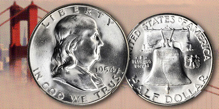 PQ Gem Uncirculated 1954 D Franklin Half Silver Dollar ICG MS65 FBL American Coin, Graded in Holder