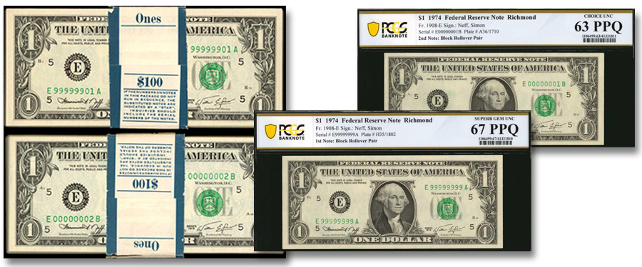 Unparalleled Solid Serial Numbers 9 to 1 Block Rollover Pack Pair in Stack's Bowers Las Vegas Currency Auction