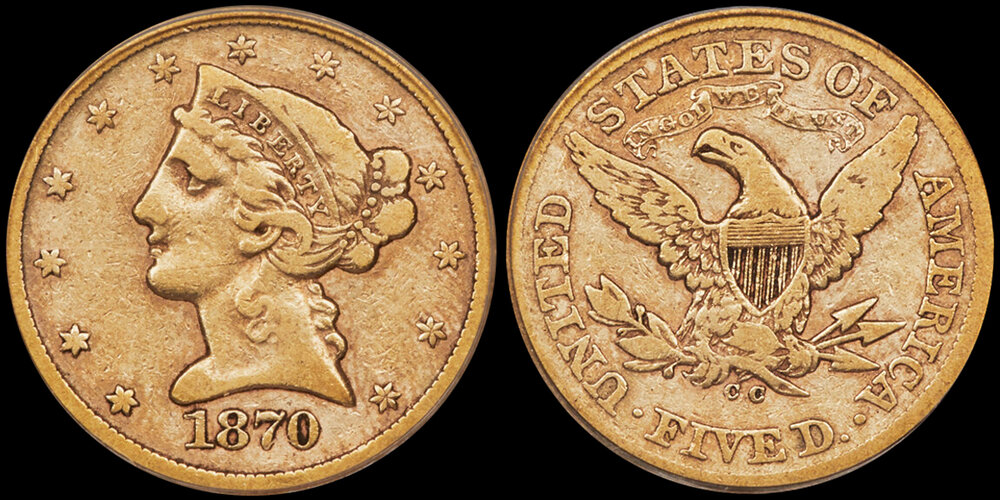 Five Brief Takes: Carson City Half Eagles, 1870-CC $5.00 PCGS VF25 CAC, EX HERITAGE. Courtesy Doug Winter
