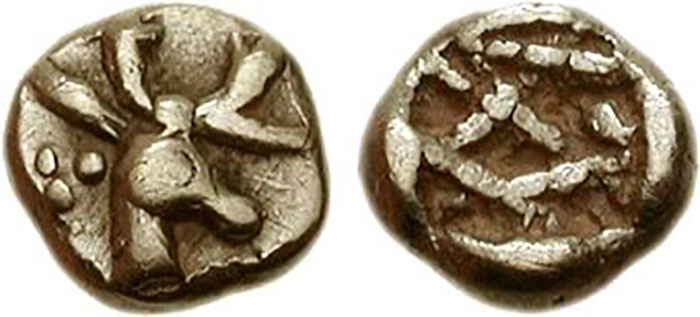 Electrum Tetartemorion.  Ephesos.  Phanes. c. 625/600 – 550 BCE.  5.5 mm, .29 gm