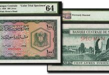 Stack’s Bowers May World Paper Money Auction to Feature Syria 100 Livres Color Trial Specimen