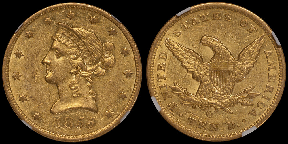 1855-O No Motto New Orleans Eagle $10.00 NGC AU58. Images courtesy Doug Winter