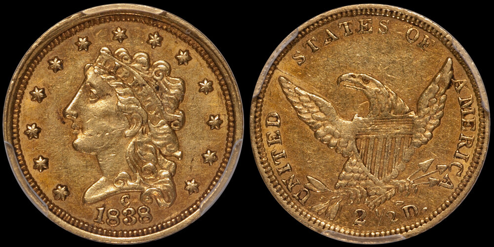 1838-C $2.50 PCGS AU55 CAC. Images courtesy Douglas Winter Numimsatics (DWN)