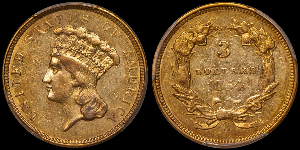1854-O $3.00 PCGS AU58 CAC