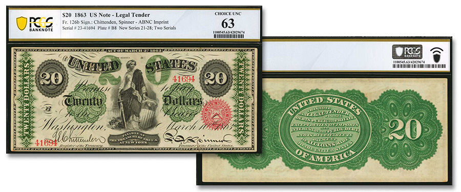 Uncirculated 1863 $20 Legal Tender Note Presented in Stack's Bowers ANA Currency Auction